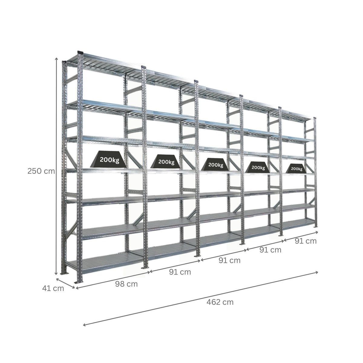 FACHBODENREGAL Proximo Stecksystem 250x450x40cm 7 Ebenen Beidseitig nutzbar Verzinkt - Silberfarben, Metall (450/250/40cm) - PROREGAL