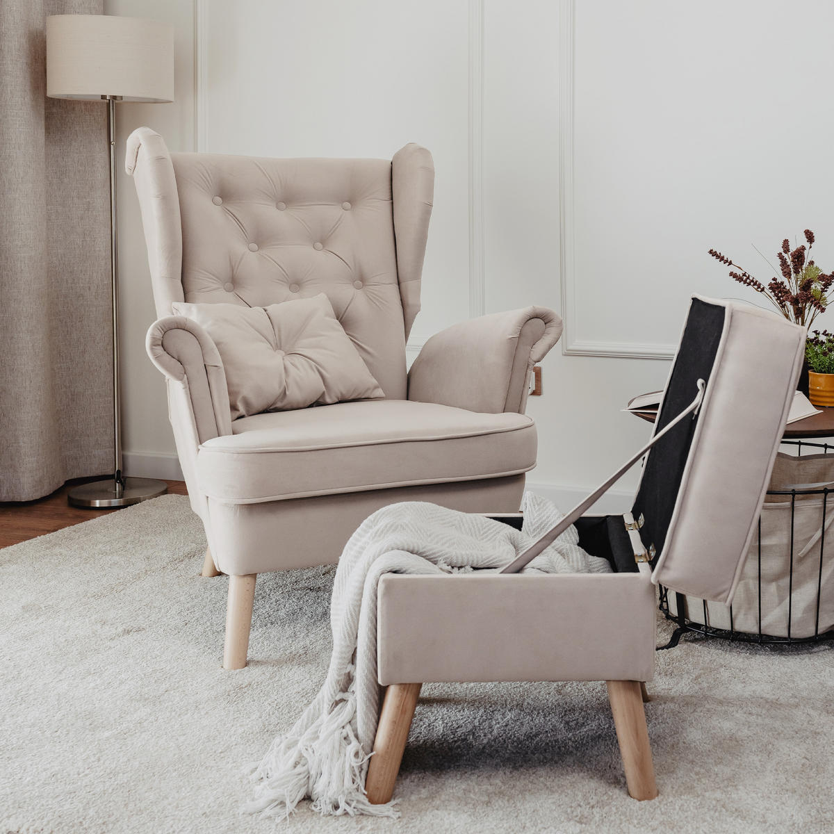 SESSEL mit Fußhocker Classic - Beige, Holz (92/107/80cm) - Idohome