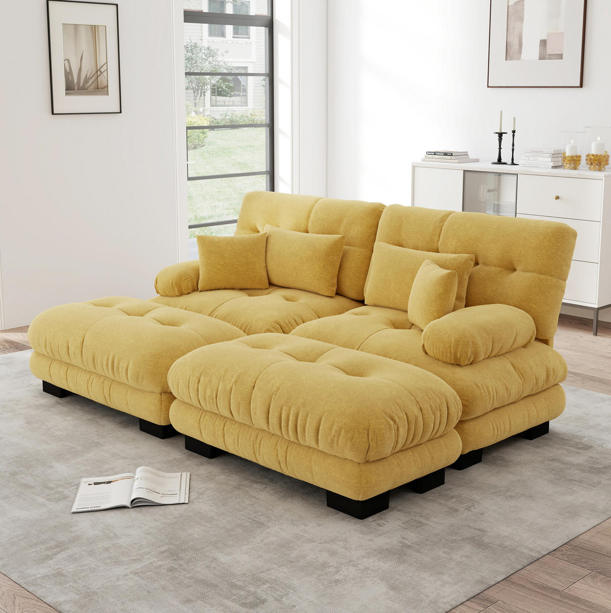 ECKSOFA 200/145/81 cm gelb aus Chenille mit 2 Ottomanen und Kissen - Gelb, Textil (145/220cm) - OKWISH