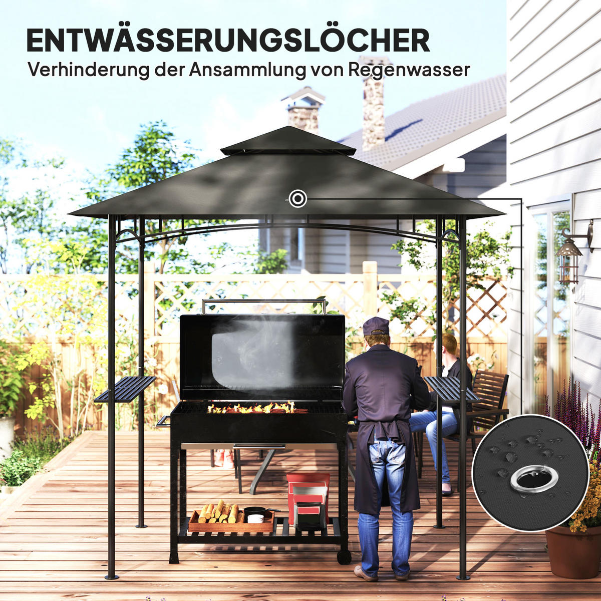 GRILLPAVILLON 240/150/258 cm dunkelgrau aus Polyester mit Doppeldach und LED - Dunkelgrau, Textil (240/258/150cm) - OKWISH