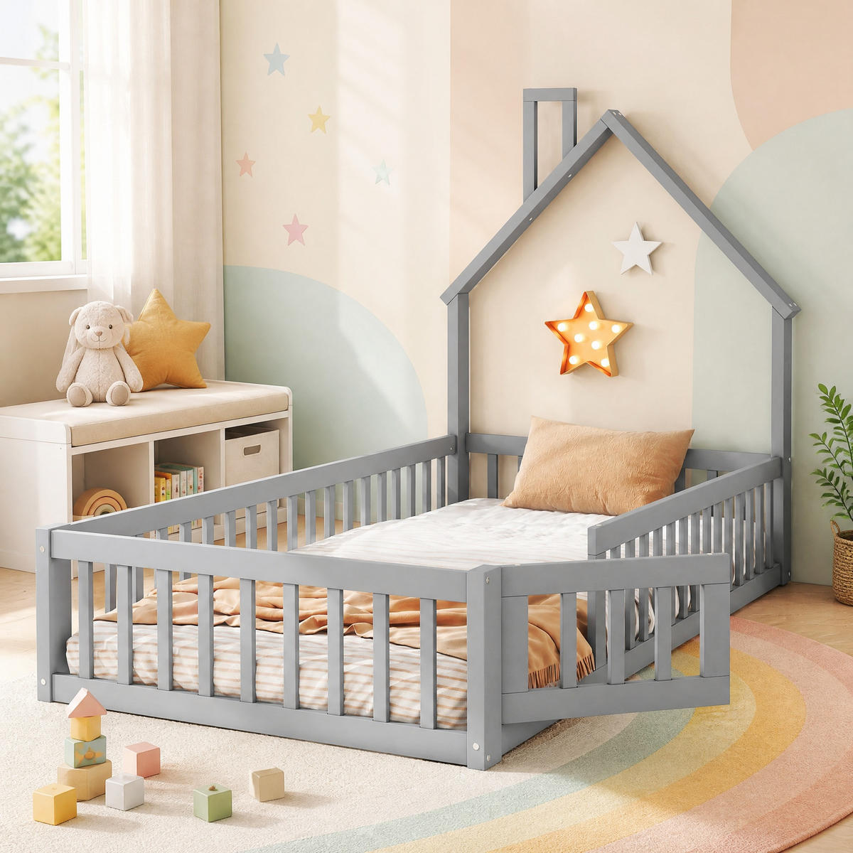 HAUSBETT 90/200 mit Sicherheitsgitter und Schornsteinform in Grau - Grau, Holzwerkstoff (90/200cm) - EVRYAE