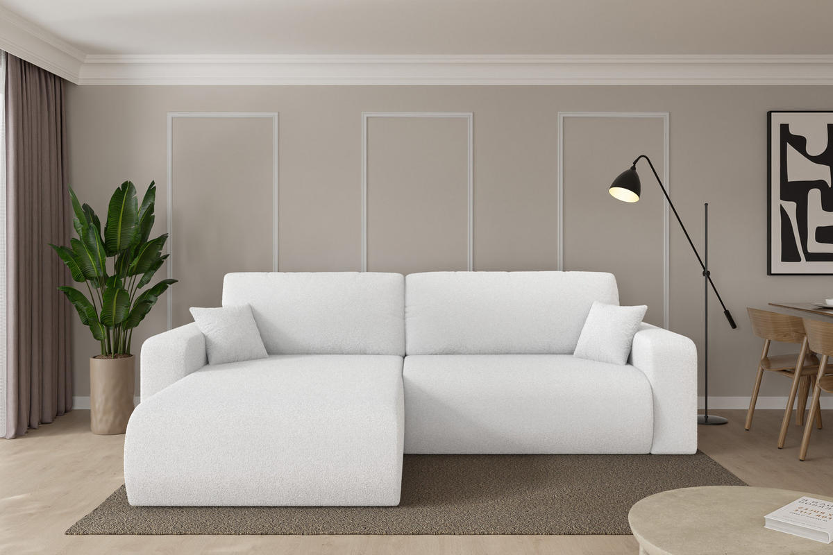 ROHOVÁ SEDAČKA s funkcí spaní, otoman vlevo BERY-L 276x193x88 bílá bouclé - bílá/černá, kompozitní dřevo/textil (276/193cm) - ALTDECOR