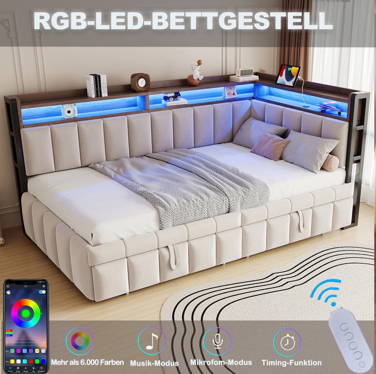 POLSTERBETT Schlafsofa Samt 90x200 cm Beige mit Ausziehbett, LED-Beleuchtung, USB- und Typ-C-Anschlüssen - Beige, Textil (90/200cm) - Modfu