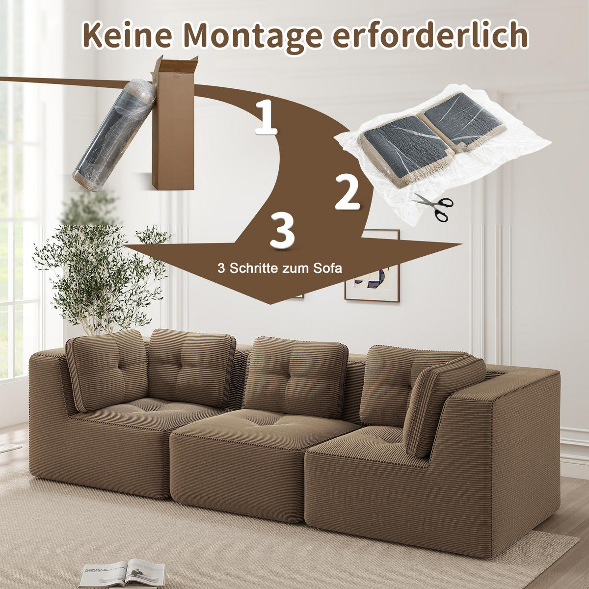 3-SITZER mit tiefer Sitzfläche und 32D-Schaumstoff aus Cord - Braun, Textil (297/69/104cm) - EVRYAE
