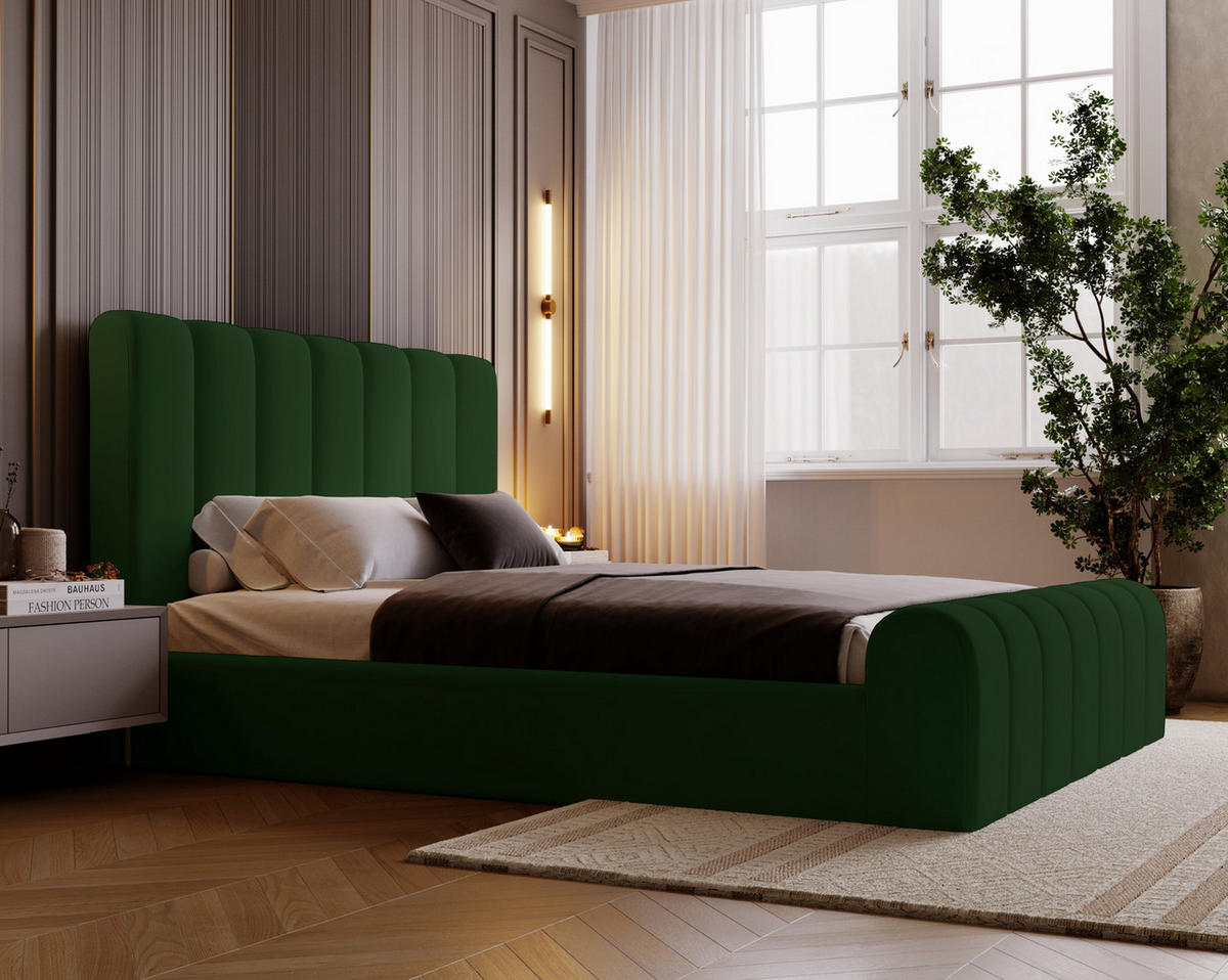 DOPPELBETT 140x200 Valetta mit Bettkasten, Velvet Grün - Grün, Holz/Textil (140/200cm) - Emporius