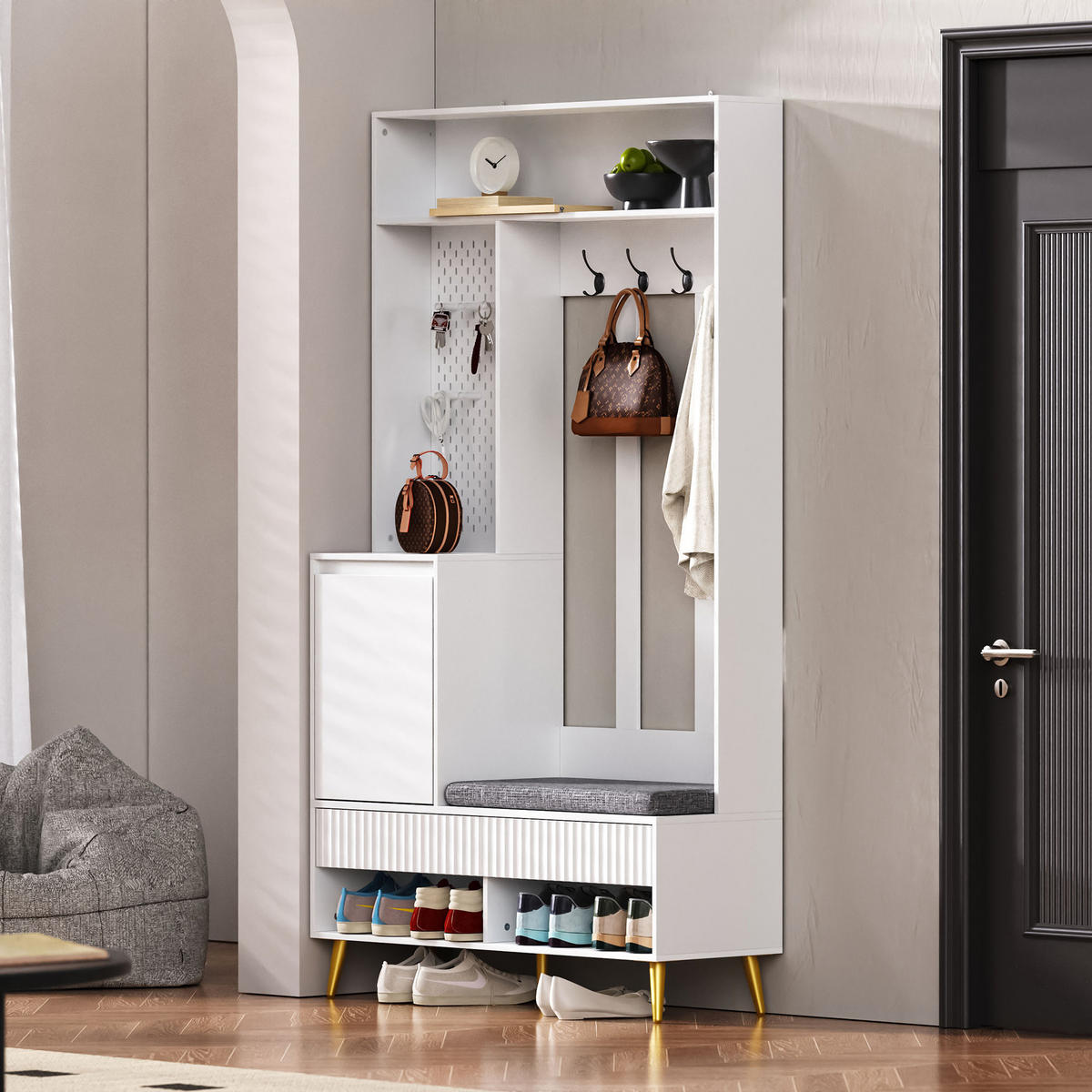 GARDEROBENSET Wandgarderobe mit Schuhbank 4 Haken Weiß 100x35x180cm - Weiß, Holzwerkstoff (35/180/100cm) - FLIEKS