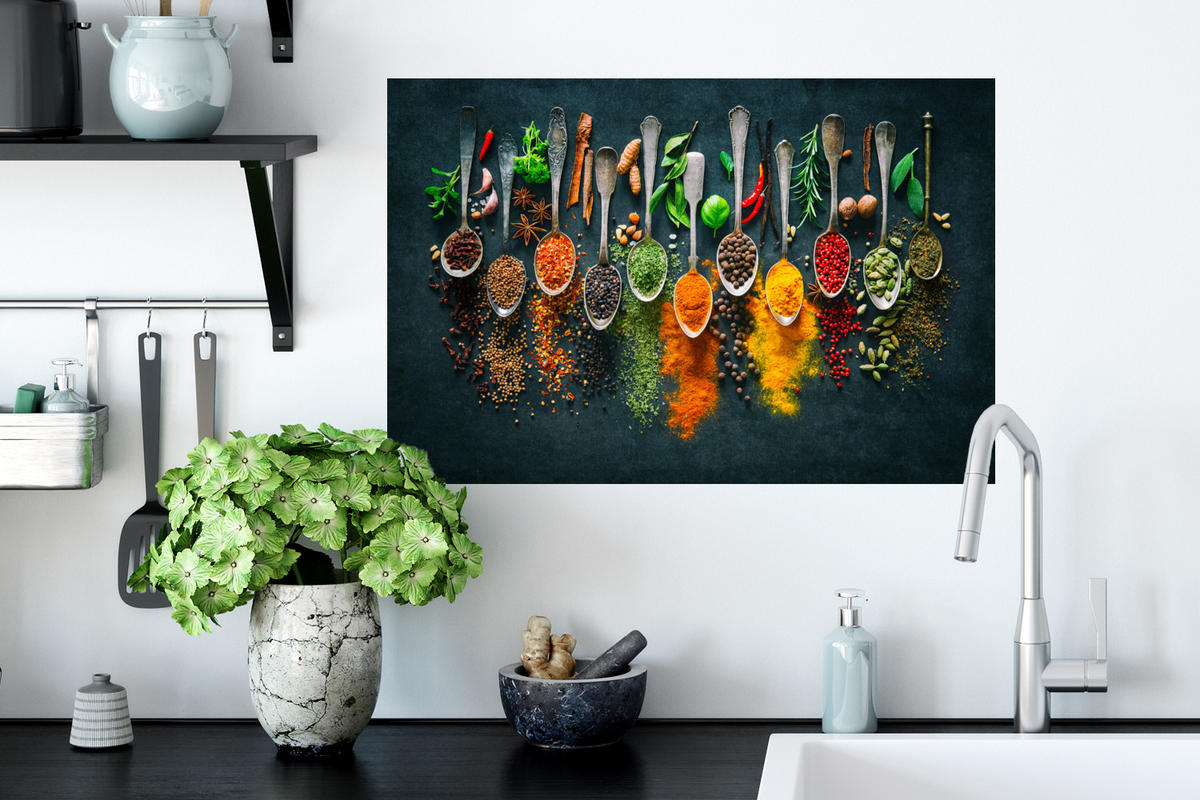 WANDTATTOO Kräuter - Gewürze - Löffel 60x40 cm - Currygelb, Kunststoff (60/40/0.1cm) - MuchoWow