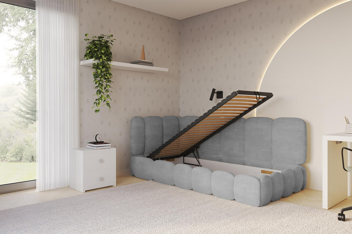 EINZELLBETT Jugendbett mit Bettkasten, Rechts - AVRY 100x200 Grau - Silberfarben, Holzwerkstoff/Textil (100/200cm) - ALTDECOR