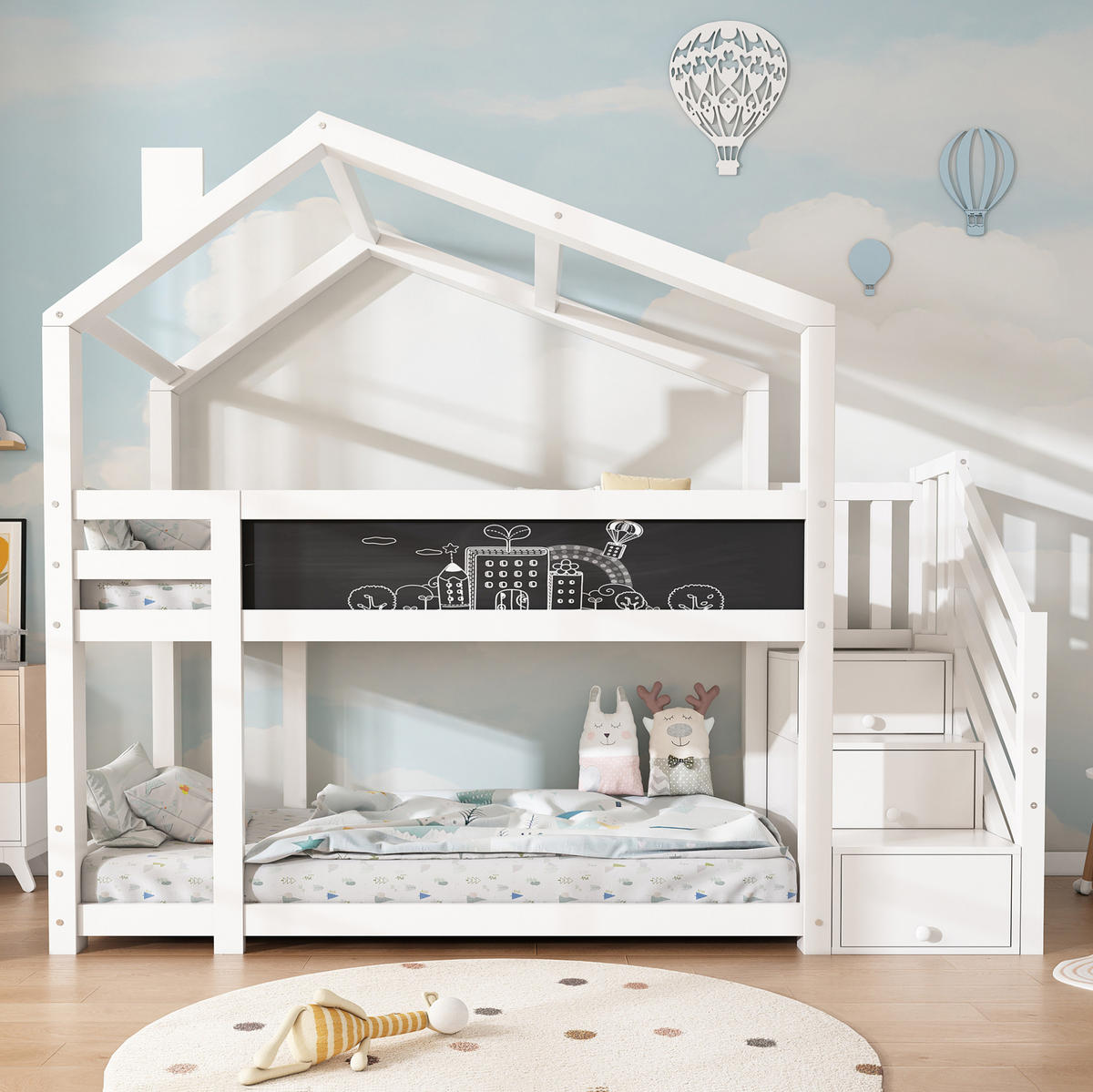 HAUSBETT 90/200 cm in Weiß mit Tafel und Stauraum - Weiß, Holzwerkstoff (90/200cm) - Flora Grace