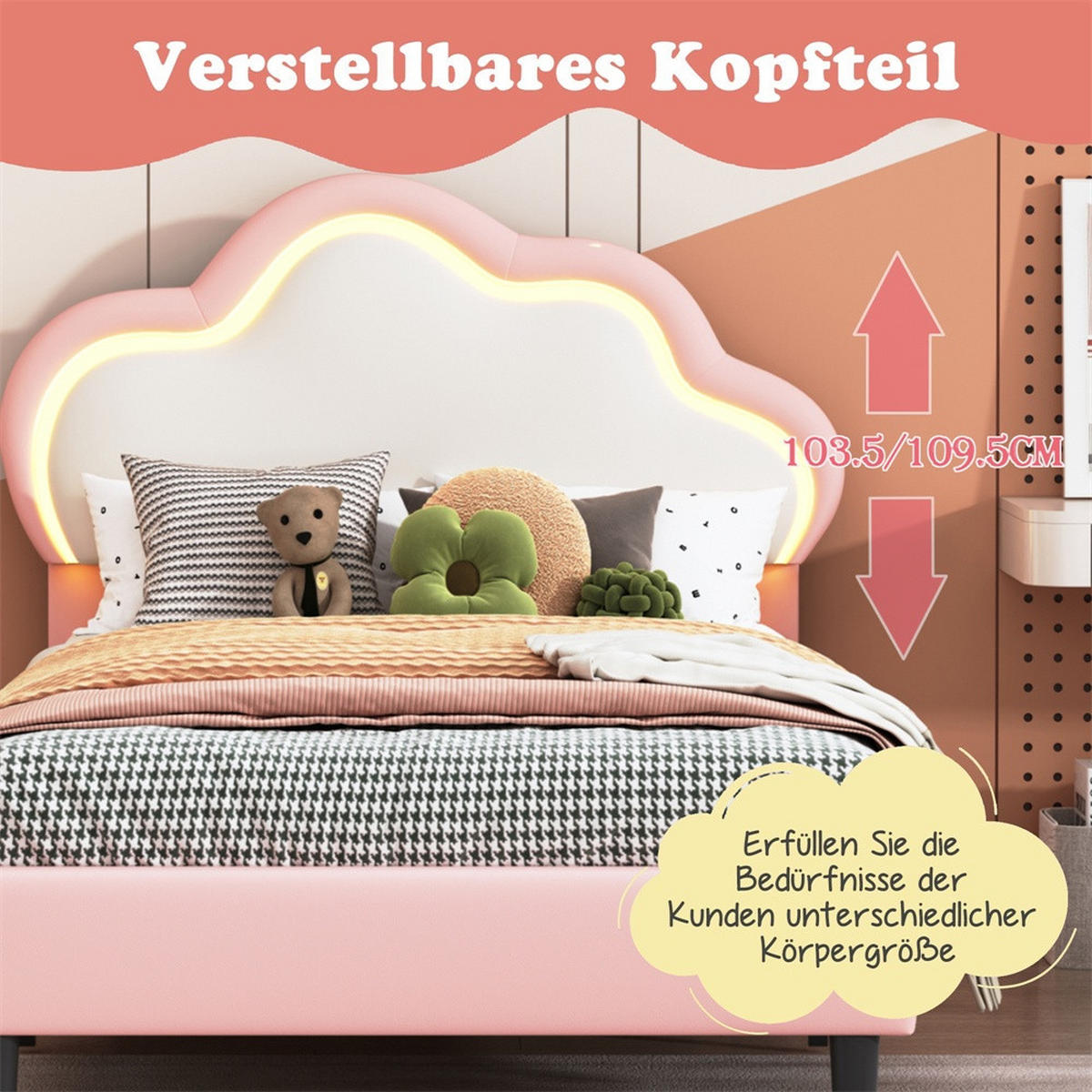 KINDERBETT 90 x 200 cm - höhenverstellbares Kopfteil im Wolken-Design mit LED - ohne Matratze - Weiß und Rosa - Pink, Textil (90/200cm) - DELFA