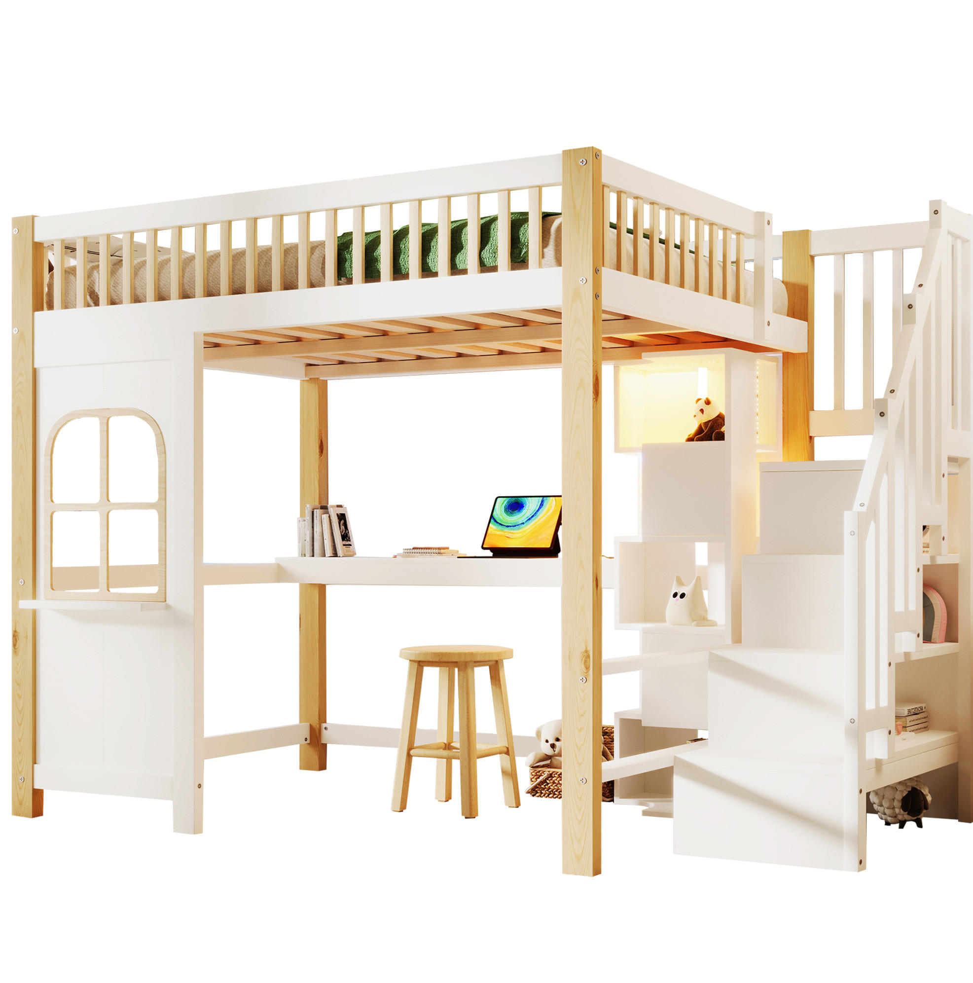 HOCHBETT 140/200 cm mit Schreibtisch und Ablageleiter in Weiß/Natur - Weiß, Holz (140/200cm) - BEAOK