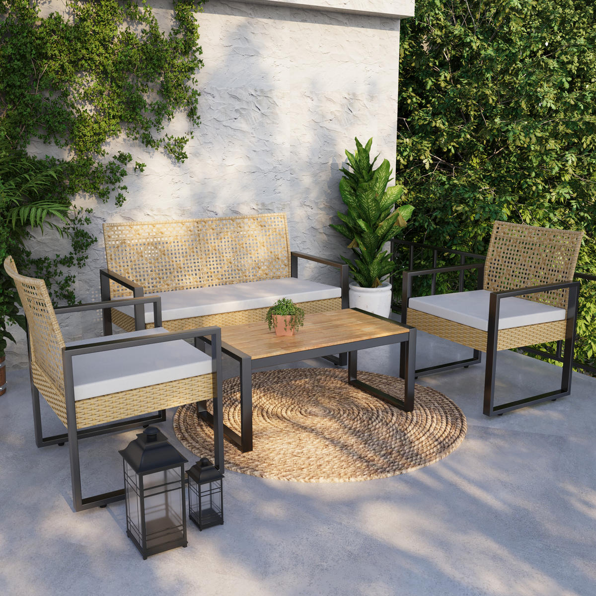 LOUNGE-SET 4 TLG. Calciano - Beige/Naturfarben, Kunststoff/Metall - casa.pro