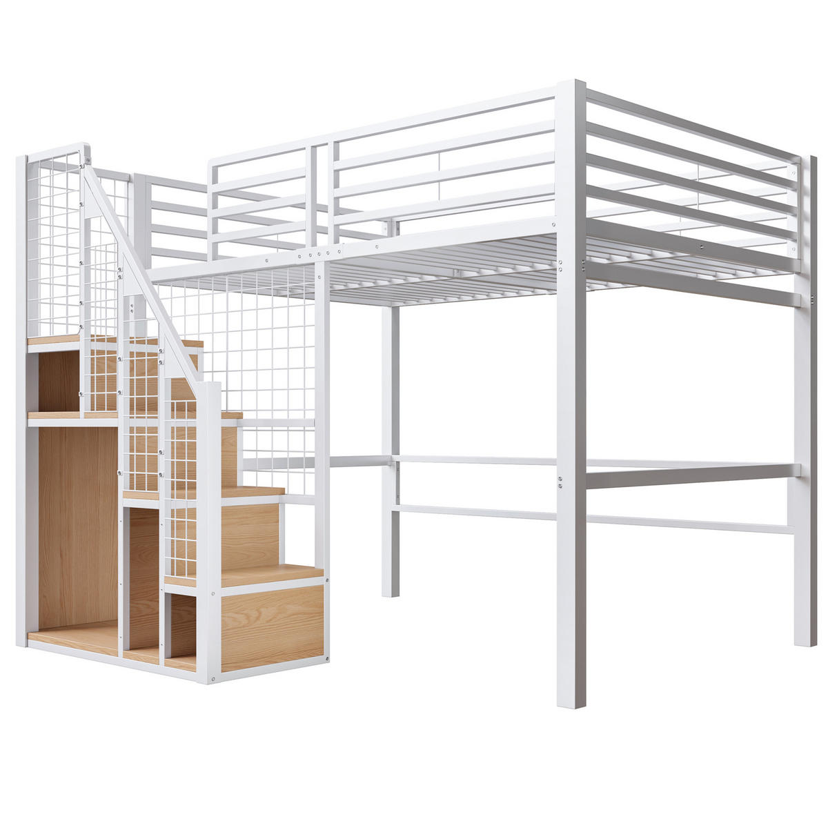 HOCHBETT aus Metall 140x200 cm in Weiß mit Treppe & Stauraum - Weiß, Metall (140/200cm) - Modfu