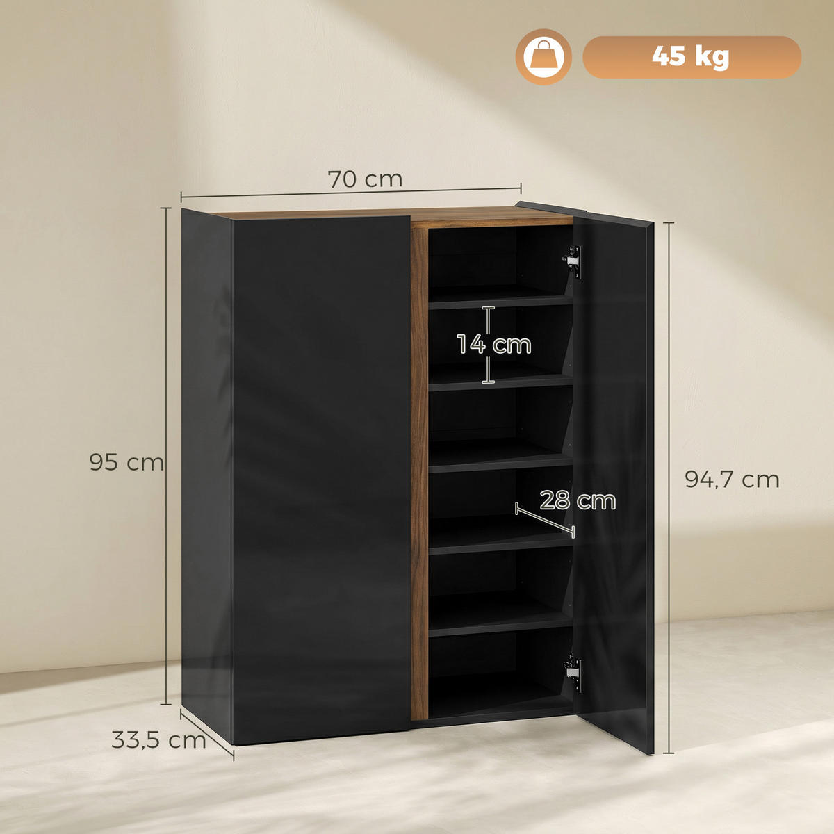 SCHUHSCHRANK Schwarz Hochglanz 33.5/70.0/95.0 cm - Schwarz Hochglanz, Holzwerkstoff (70/95/33.5cm)