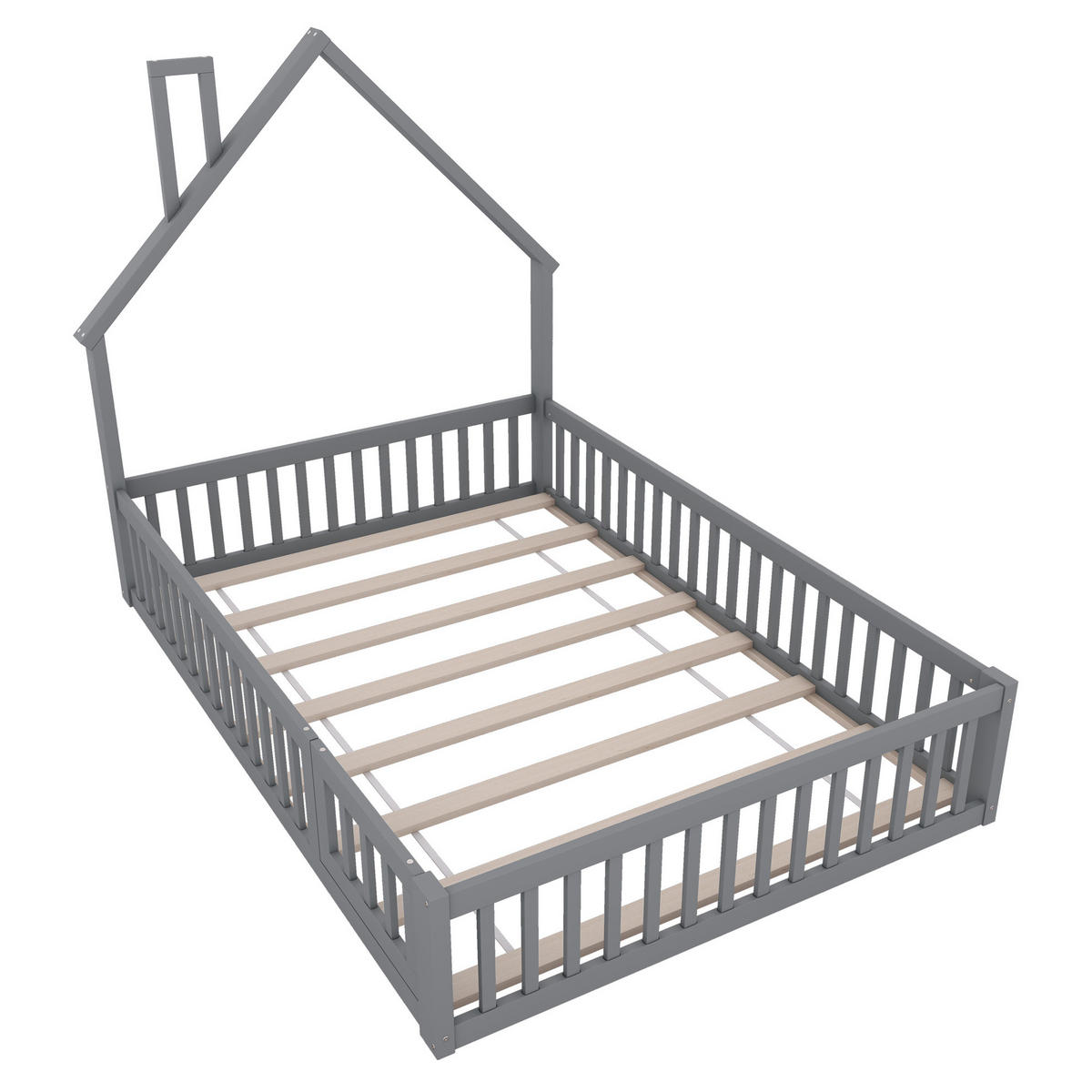 KINDERBETT 140/200 cm mit Schornsteinform, Sicherheitsgitter und Lattenrost, Kiefer /MDF, Grau - Grau, Holzwerkstoff (140/200cm) - Redom
