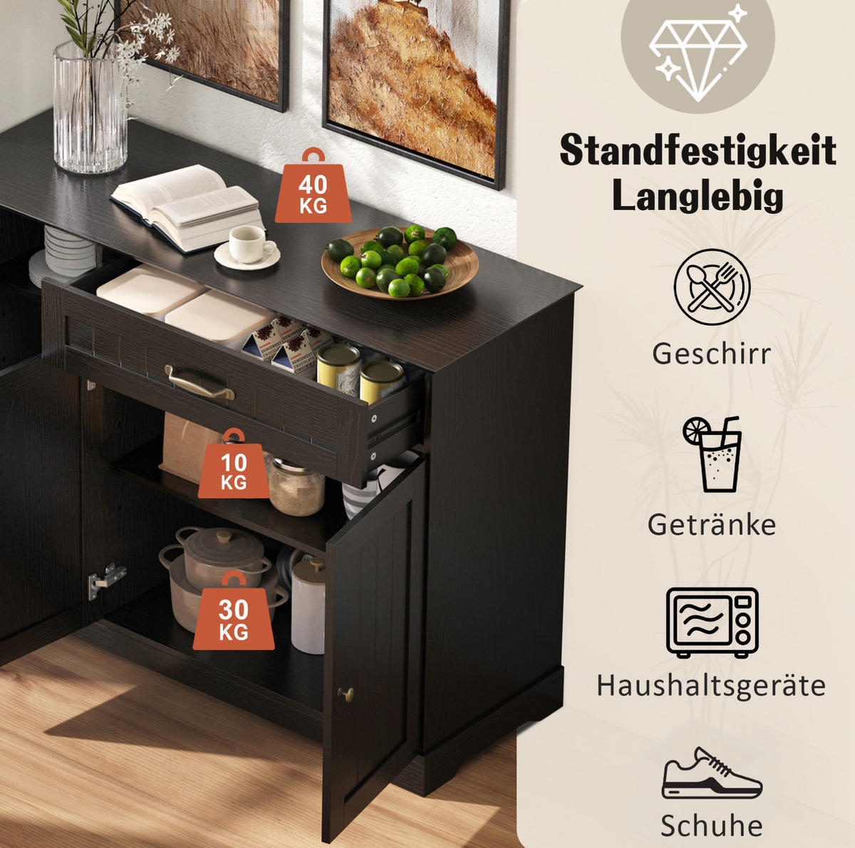 SIDEBOARD in Schwarz mit 3 Türen und 1 Schublade aus MDF,107/83.4/40 cm - Schwarz, Holzwerkstoff (107/83.4/40cm) - Flora Grace