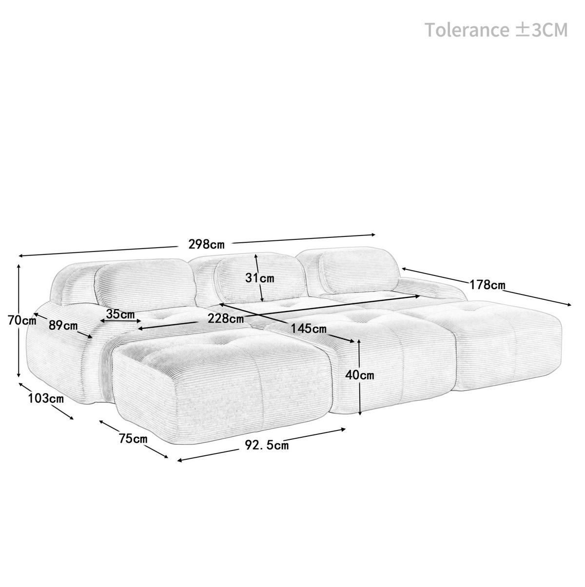3-STIZER Sofa rahmenlos mit 32D-Hochdichteschaum, geschwungenen Armlehnen und Cordstoff, Grau - Grau, Textil (298/75/178cm) - Redom
