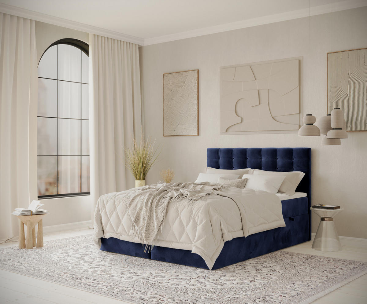 BOXBETT Sansa Marineblau 140/200 cm mit Taschenmatratze und Topper - Schwarz/Dunkelblau, Holz/Holzwerkstoff (140/200cm) - Maison de Reve