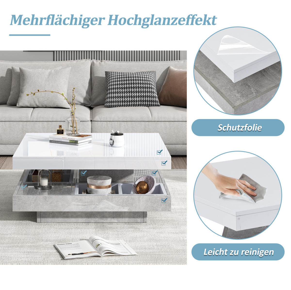 COUCHTISCH 70/70/36 cm weiß/marmor aus Spanplatte mit 360° drehbarer Platte - Weiß, Holzwerkstoff (70/70/36cm) - OKMYHOME