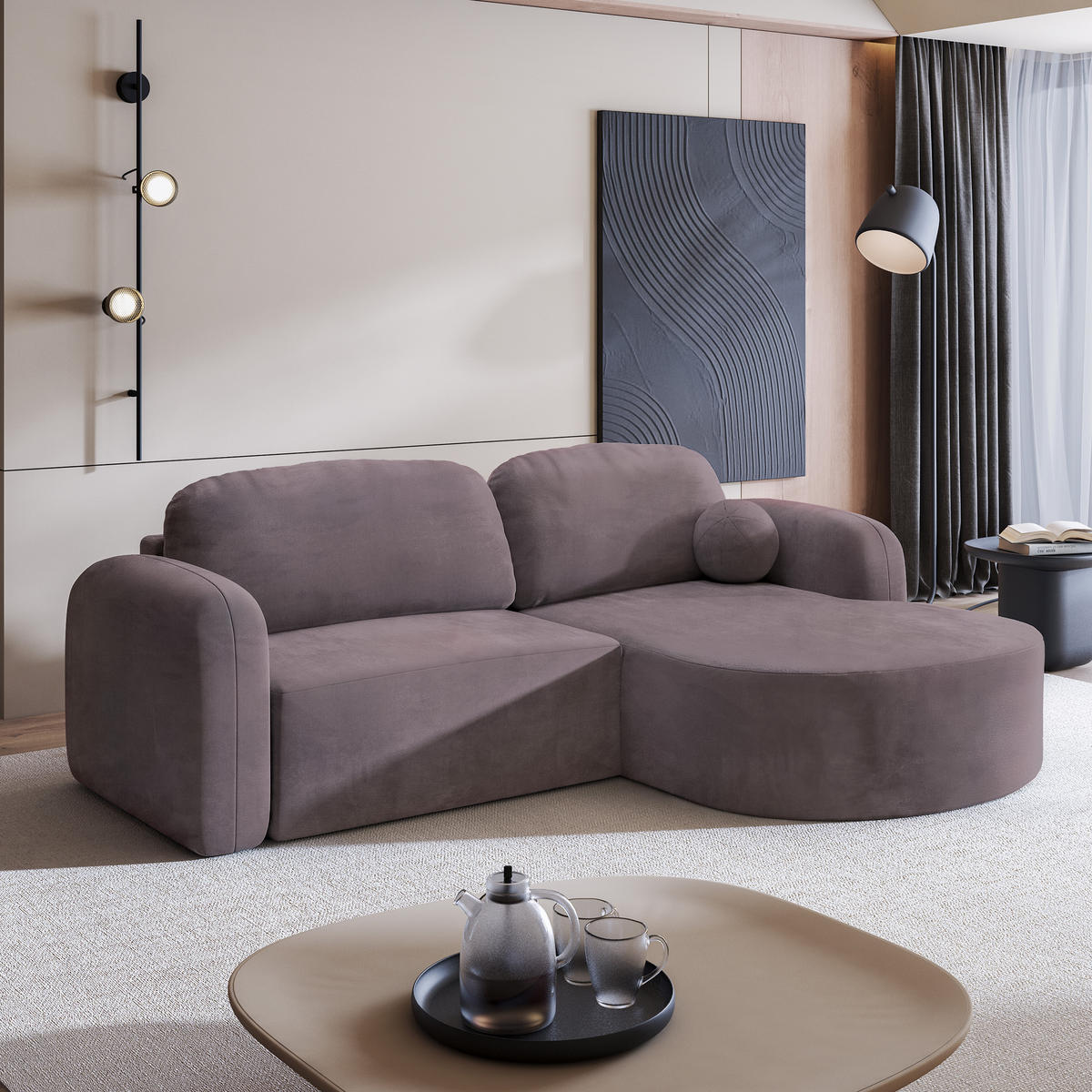 ECKSOFA AMILIA M R-S Lila Velours-Stoff mit Schlaffunktion - Lila, Holz (263/174cm) - MASSENO