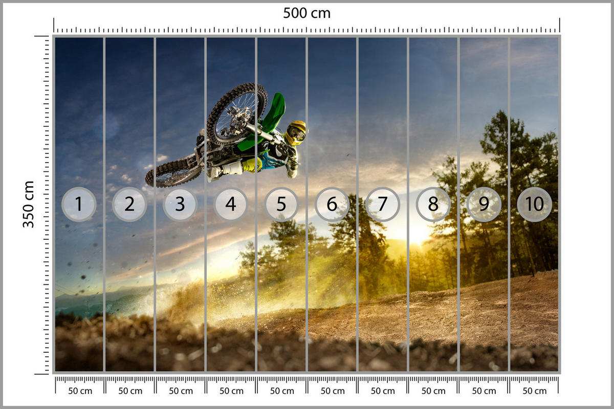 FOTOTAPETE für Jugendzimmer Motocross Sprung Berge Bäume 500x350 - Gelb/Beige, Papier (500/350cm) - Muralo