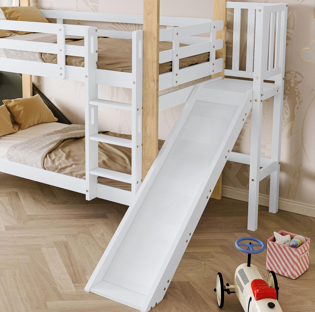 POSCHODOVÁ posteľ 90/200 cm biela/prírodná so šmykľavkou a 3-stupňovým rebríkom z masívneho dreva a MDF - biela, kompozitné drevo (90/200cm) - OKWISH