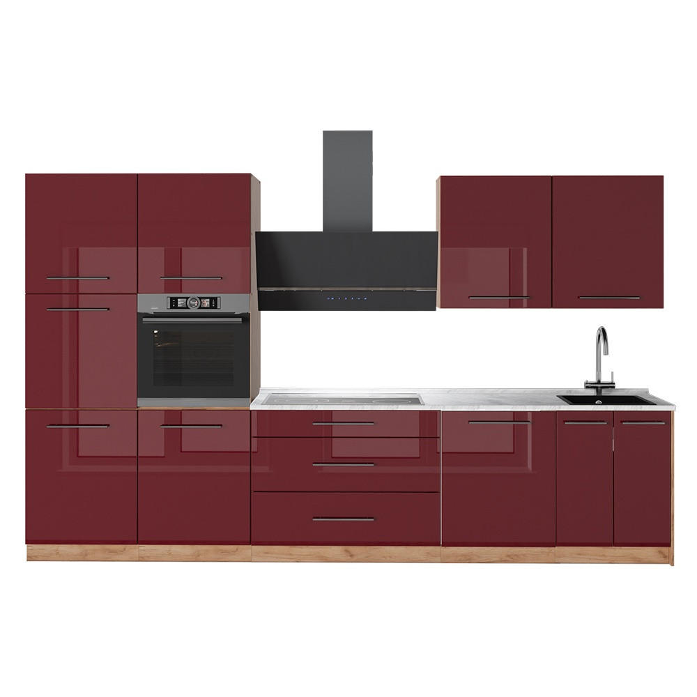 KÜCHENZEILE Fame-Line, Bordeaux Hochglanz/Goldkraft Eiche, 340 cm, AP Marmor - Honigeiche/Bordeaux, Holzwerkstoff (340/206.8/60cm) - Vicco
