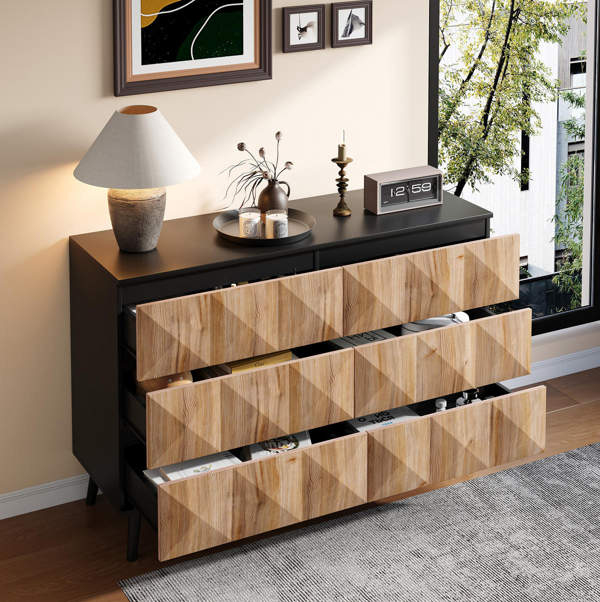 KOMMODE, 6 Schubladen, mit schwarzen Metallbeinen und erhabenen Fronten, 120x40x85 cm, Schwarz und Natur - Naturfarben, Holzwerkstoff (40/85/120cm) - Modfu
