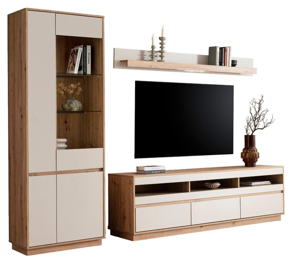 WOHNWAND Kaschmir, Artisan Eiche 3-teilig 292 cm, Schrankwand mit Soft-Close - Kaschmir/Eiche Artisan, Glas/Holzwerkstoff (292/205/45cm) - Furn.Design