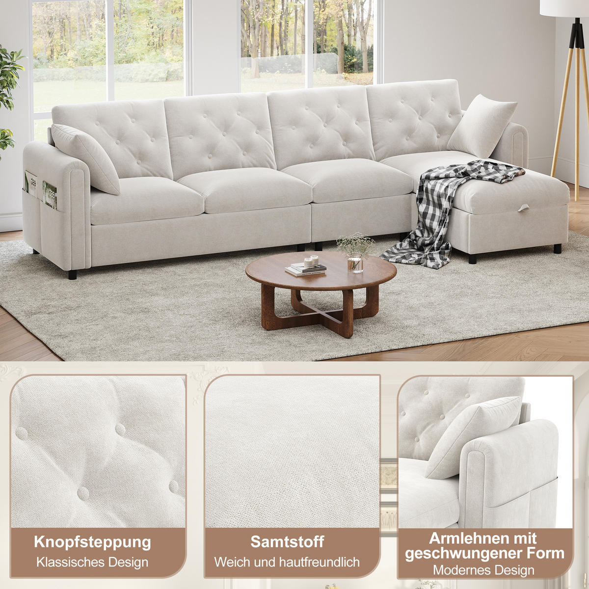 ECKSCHLAFSOFA Samt Beige mit Stauraum und Schlaffunktion - Grau, Holzwerkstoff/Kunststoff (281/132cm) - WISHDOR