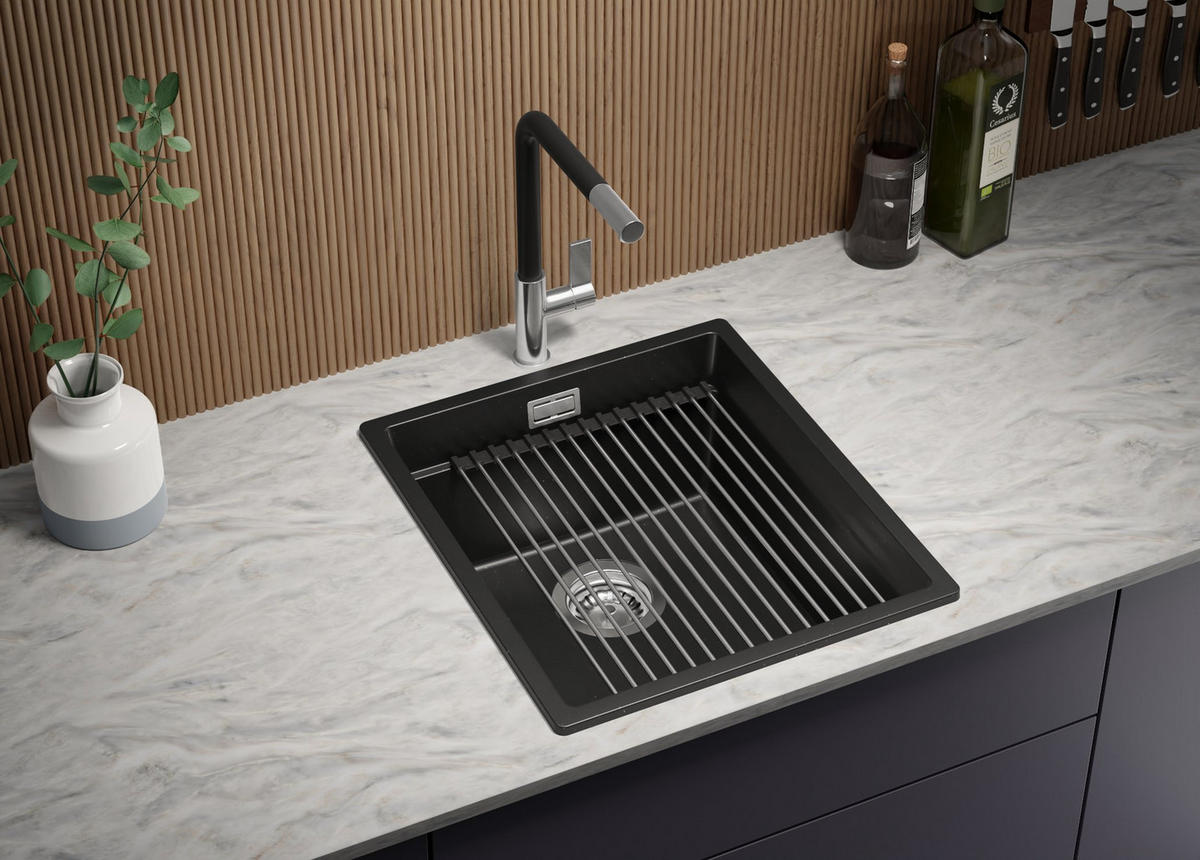 SPÜLBECKEN Praga Slim, 2-er set Schwarz Metallic 41/47 cm 1 Becken + Ablauf-Set + Aufrollbare Abtropffläche ab 45er Unterschrank - Chromfarben/Schwarz Hochglanz, Kunststoff (41/20/47cm) - Primagran