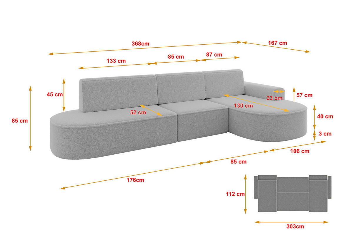 ECKSOFA mit Schlaffunktion Ottomane RECHTS MARI L2-S 368X167X85 Hellgrau Bouclé - Hellgrau/Schwarz, Holzwerkstoff/Kunststoff (167/368cm) - ALTDECOR