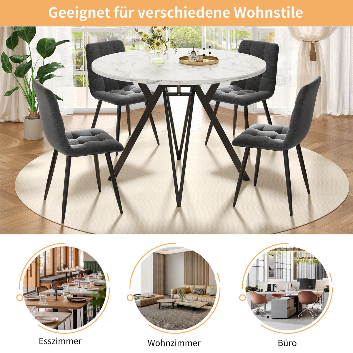 ESSTISCH Rund 100/100/76 cm Schwarz aus MDF in Marmoroptik mit Metallgestell - Schwarz, Holzwerkstoff (100/100/76cm) - OKWISH