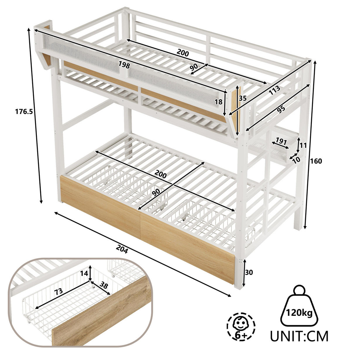 HOCHBETT aus Metall und MDF 90x200 cm Weiß mit 2 Schubladen, Regal, Aufbewahrungskorb und LED-Licht - Weiß, Holzwerkstoff (90/200cm) - Modfu
