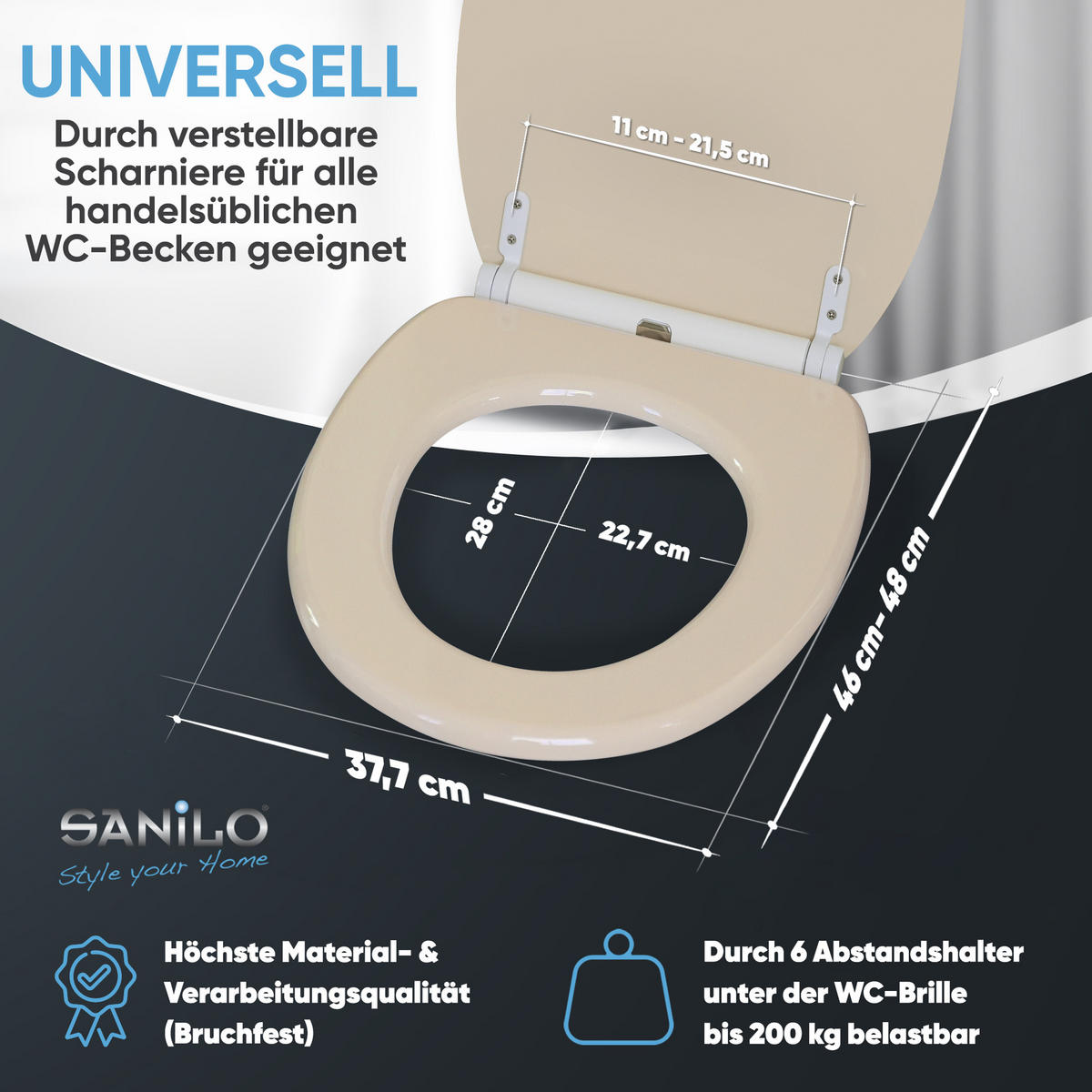WC-SITZ mit Absenkautomatik & Top Fix Bahamabeige - Beige, Holzwerkstoff (37.7/5.5/48cm) - Sanilo