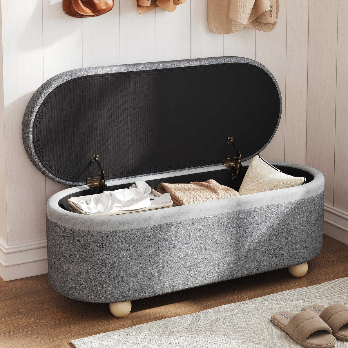 SITZBANK, Stauraum, Fleece, Holzbeine, Grau, 110x41x47cm - Grau, Textil (41/47/110cm) - FLIEKS