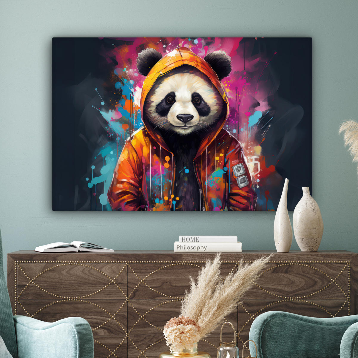 LEINWANDBILD Panda - Jacke - Graffiti - Orange XXL 150x100 cm - Orange, Textil (150/100cm) - MuchoWow