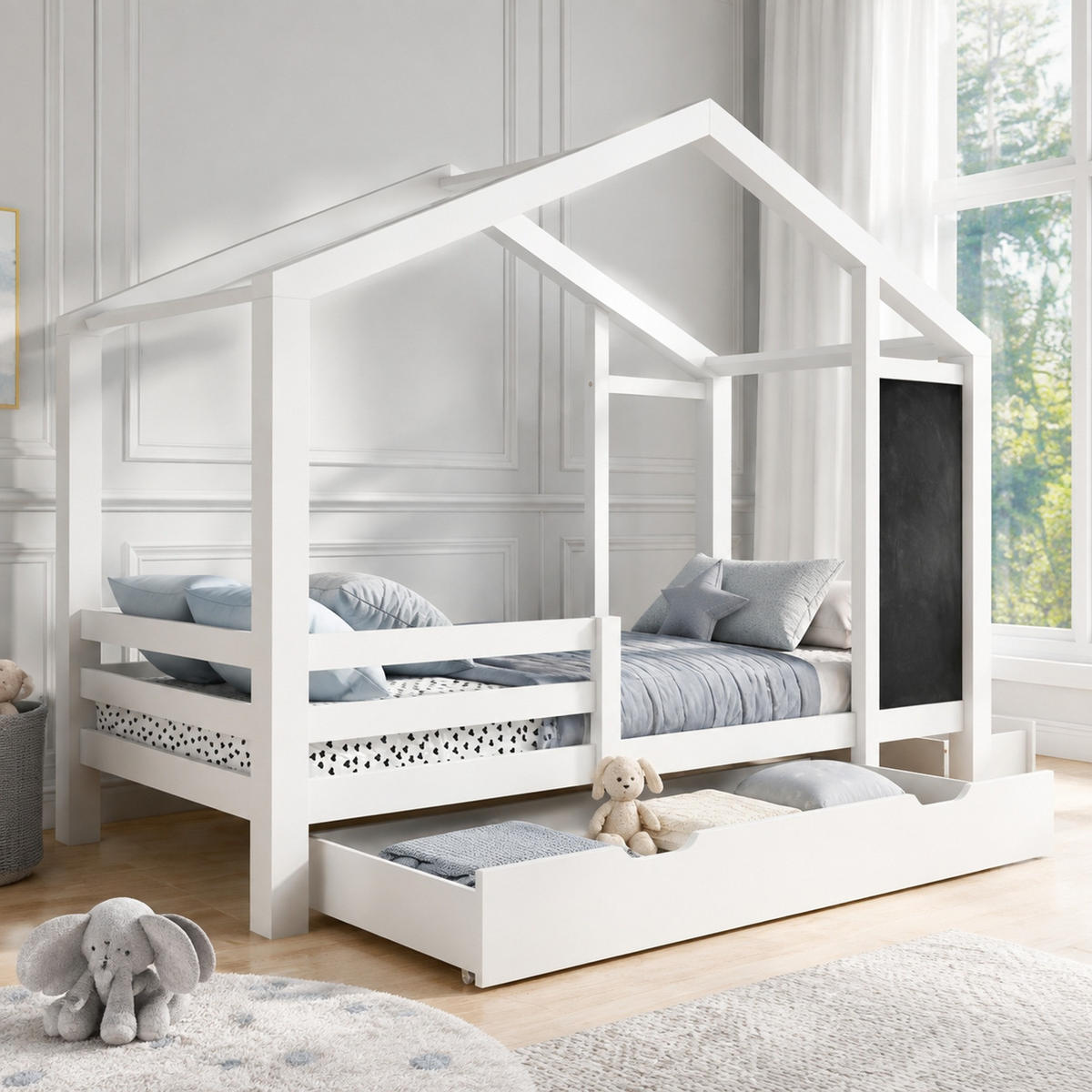 HAUSBETT 90/200 mit Tafel, 2 Schubladen und Lattenrost in Weiß - Weiß, Holzwerkstoff (90/200cm) - EVRYAE