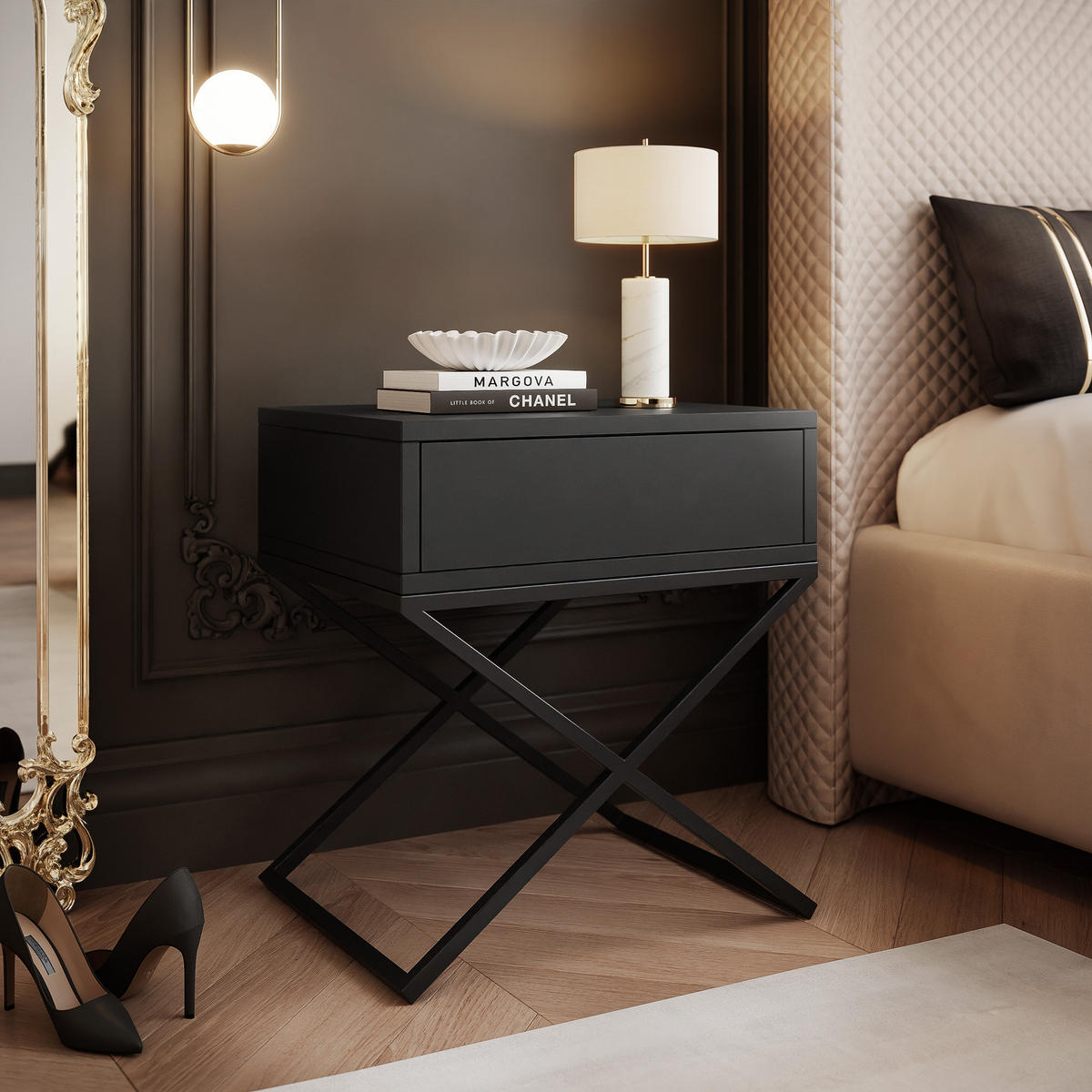 NACHTSCHRANK KSENO mit Schublade, 45/35/50 cm, Schwarz - Schwarz, Holzwerkstoff/Metall (45/50/35cm) - Idohome