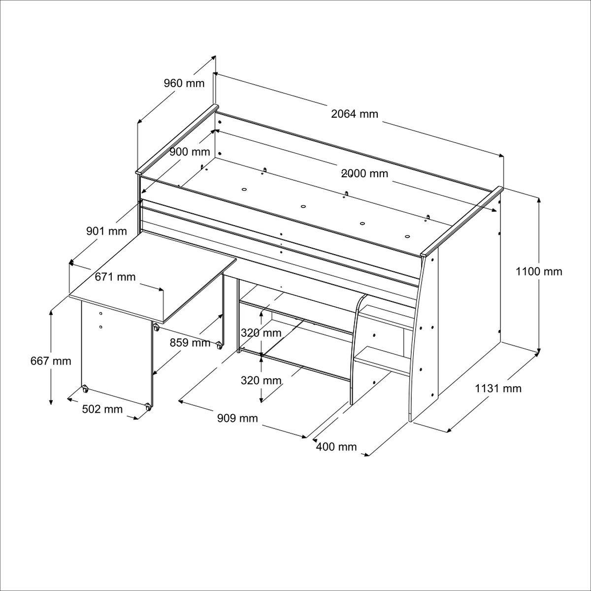 HOCHBETT Jugendzimmer Bett 90 x 200 mit Schreibtisch ausziehbar - Silberfarben/Weiß, Holz/Holzwerkstoff (90/200cm) - Parisot Meuble