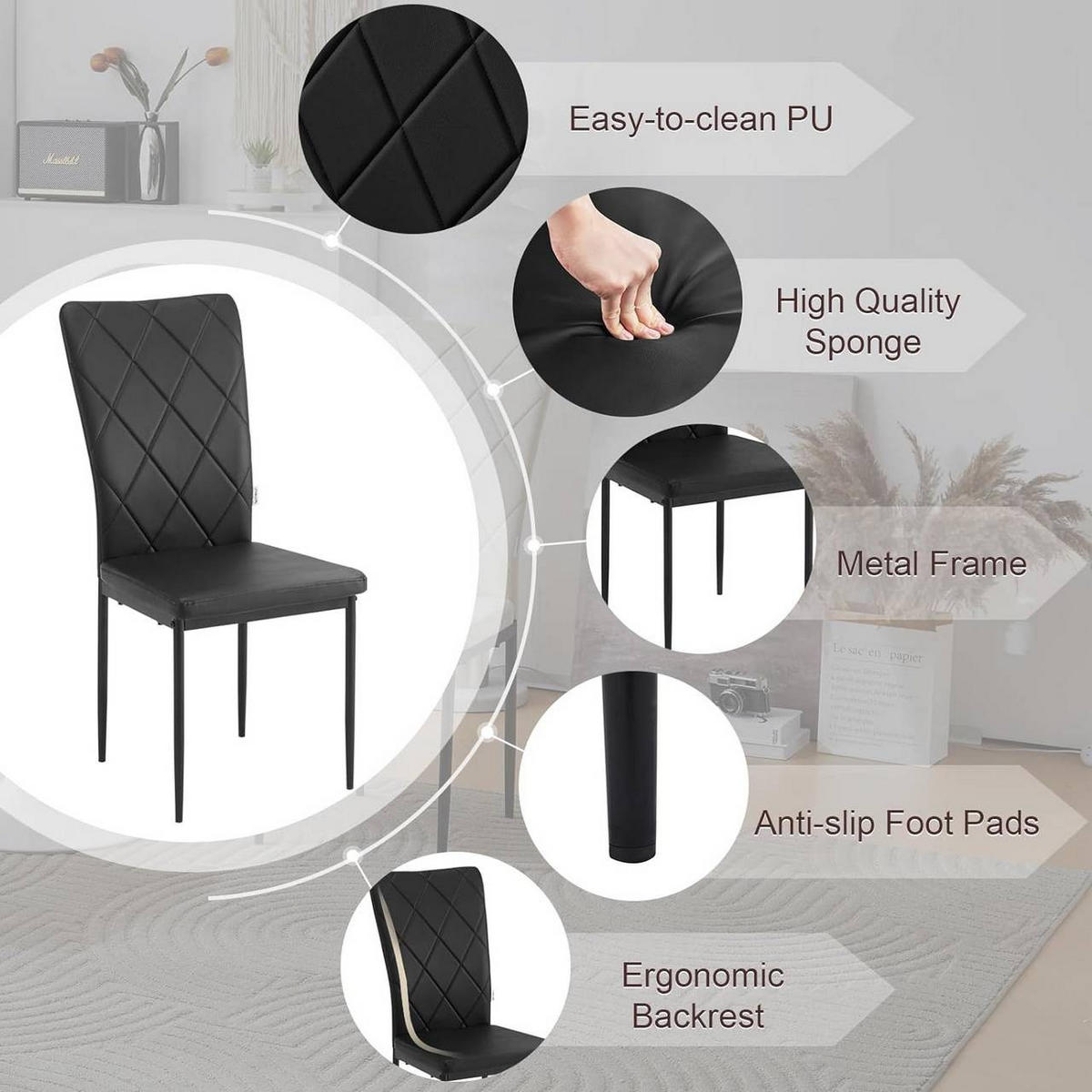 ESSZIMMERSTUHL 4er Set, Kunstleder, Schwarz - Schwarz, Kunststoff/Metall (42/94.5/59cm) - Woltu