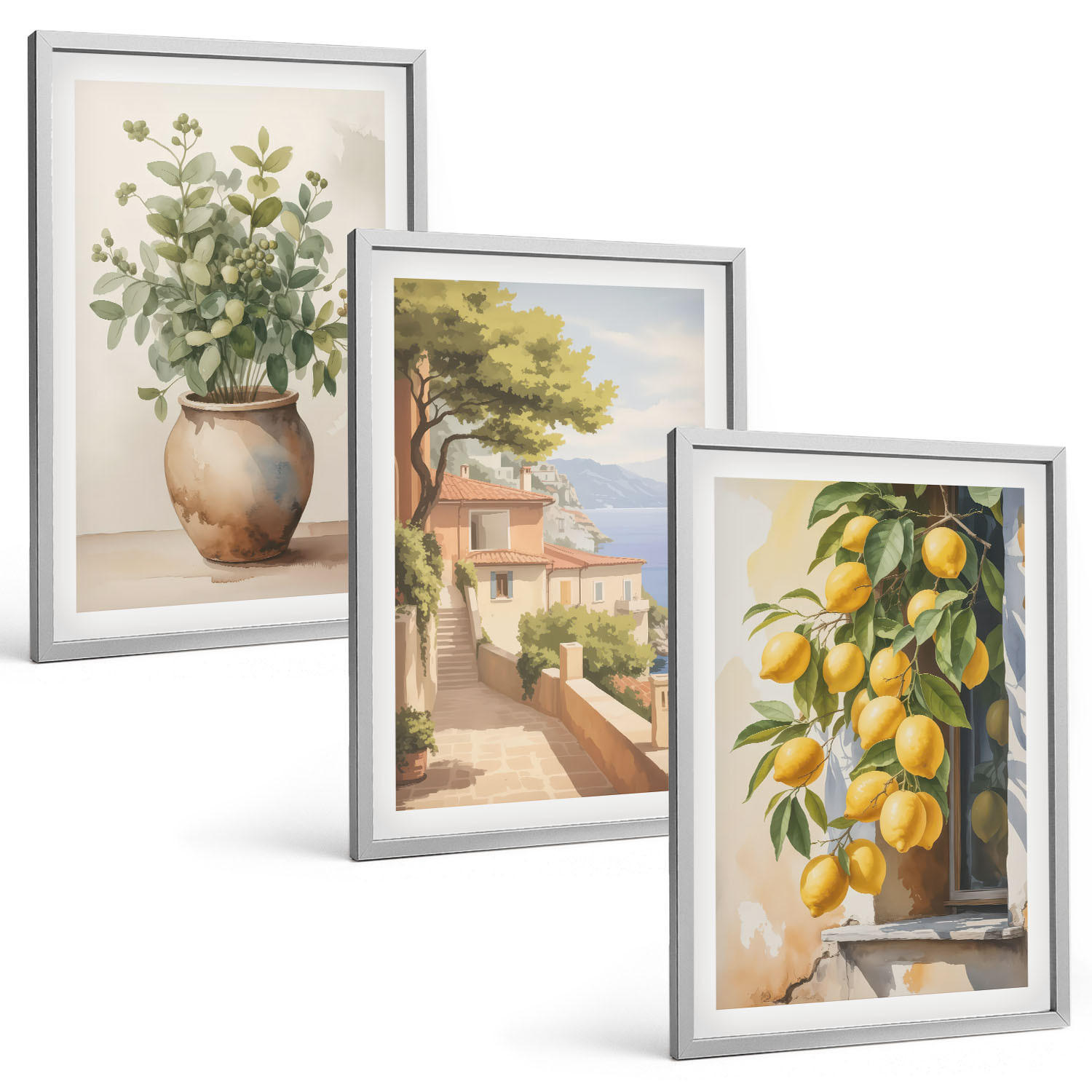 BILDER SET 3er Set - 40x60 cm Silberner Rahmen - Blumen in einer Vase, ein Meer aus Zitronen - Silberfarben, Kunststoff (40/60cm) - TULUP
