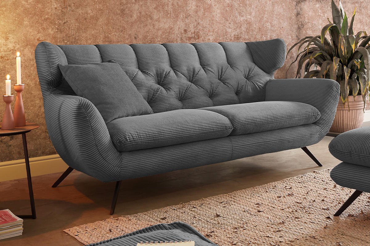 SOFA CHARME Grau Cord - Graphitfarben/Schwarz, Textil/Metall (200/94/95cm) - KAWOLA