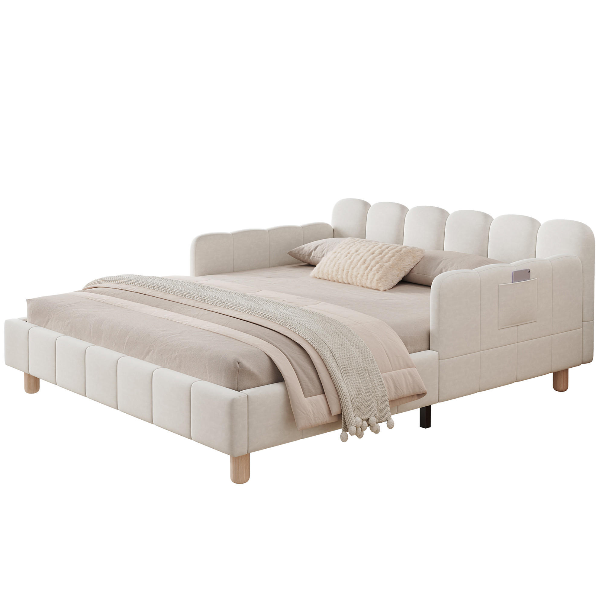 ČALOUNĚNÁ dětská postel 140/200 cm béžová ze sametu s opěrkami a kapsami - béžová, textil (140/200cm) - OKWISH