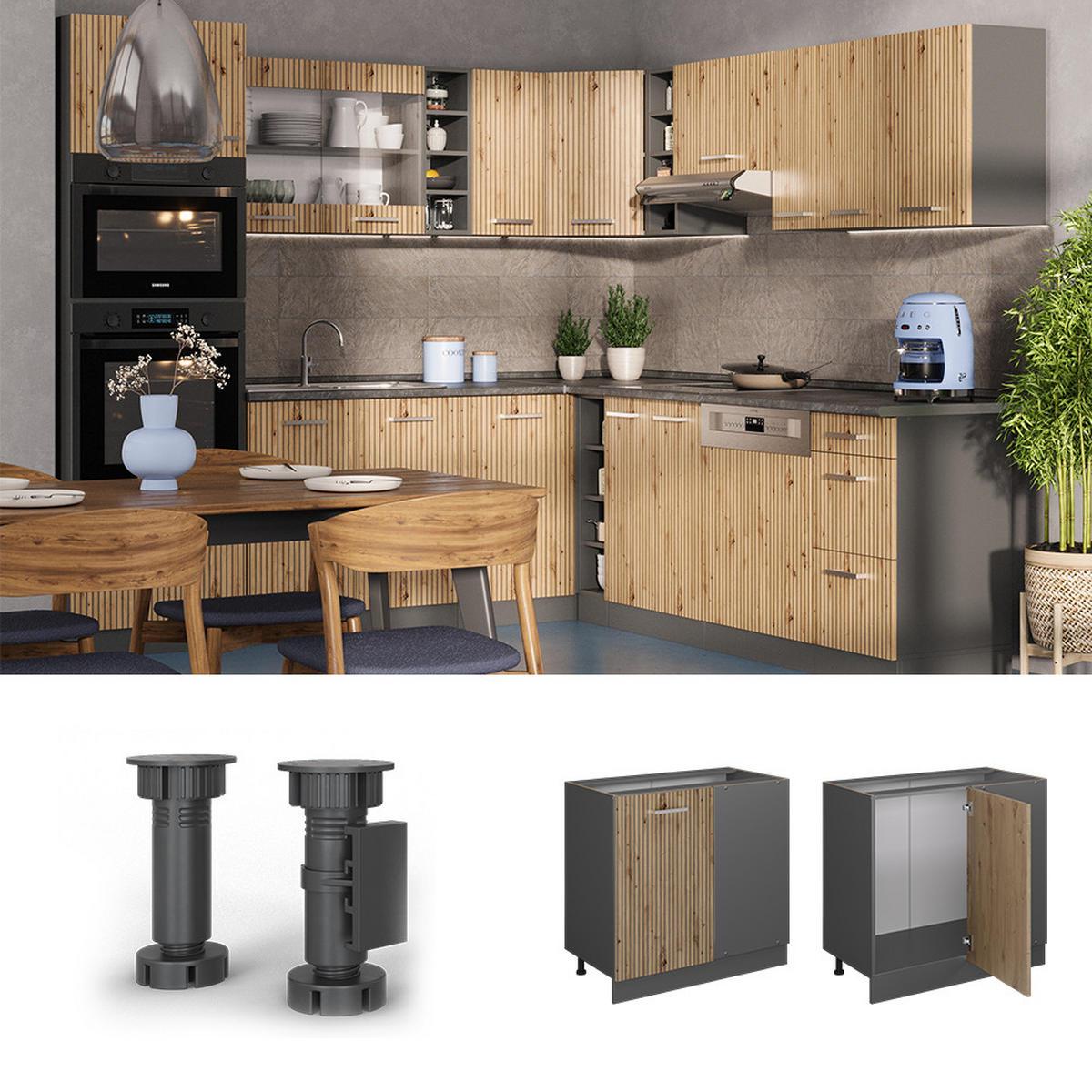 ECKUNTERSCHRANK R-Line Artisan-Eiche 86 cm AP Marmor - Anthrazit/Eiche Artisan, Holzwerkstoff (86/81.6/60cm) - Vicco