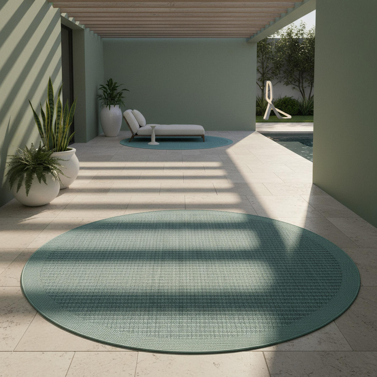 TEPPICH Outdoor Flachgewebe Uni-Farbe Polypropylen Balkon Blau Rund 160x160 - Blau, Textil (160/160cm) - KADIMA DESIGN