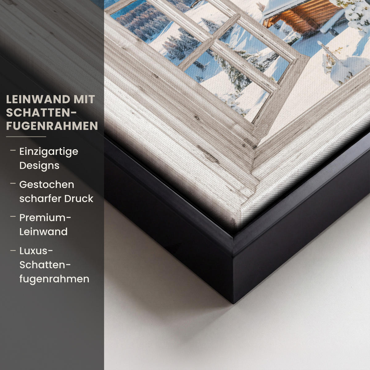 LEINWAND Bilder mit Rahmen - Winterlandschaft - Hütte - Berge - Ausblicke - Aussicht - Natur - 30x20 - Weiß Hochglanz, Textil (30/20cm) - MuchoWow