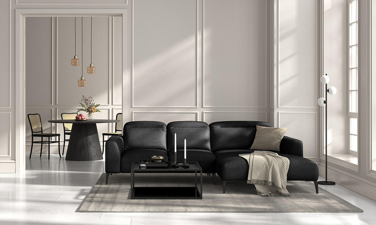 ECKSOFA mit Longchair - Schwarz, Leder/Metall (265/180cm) - home24