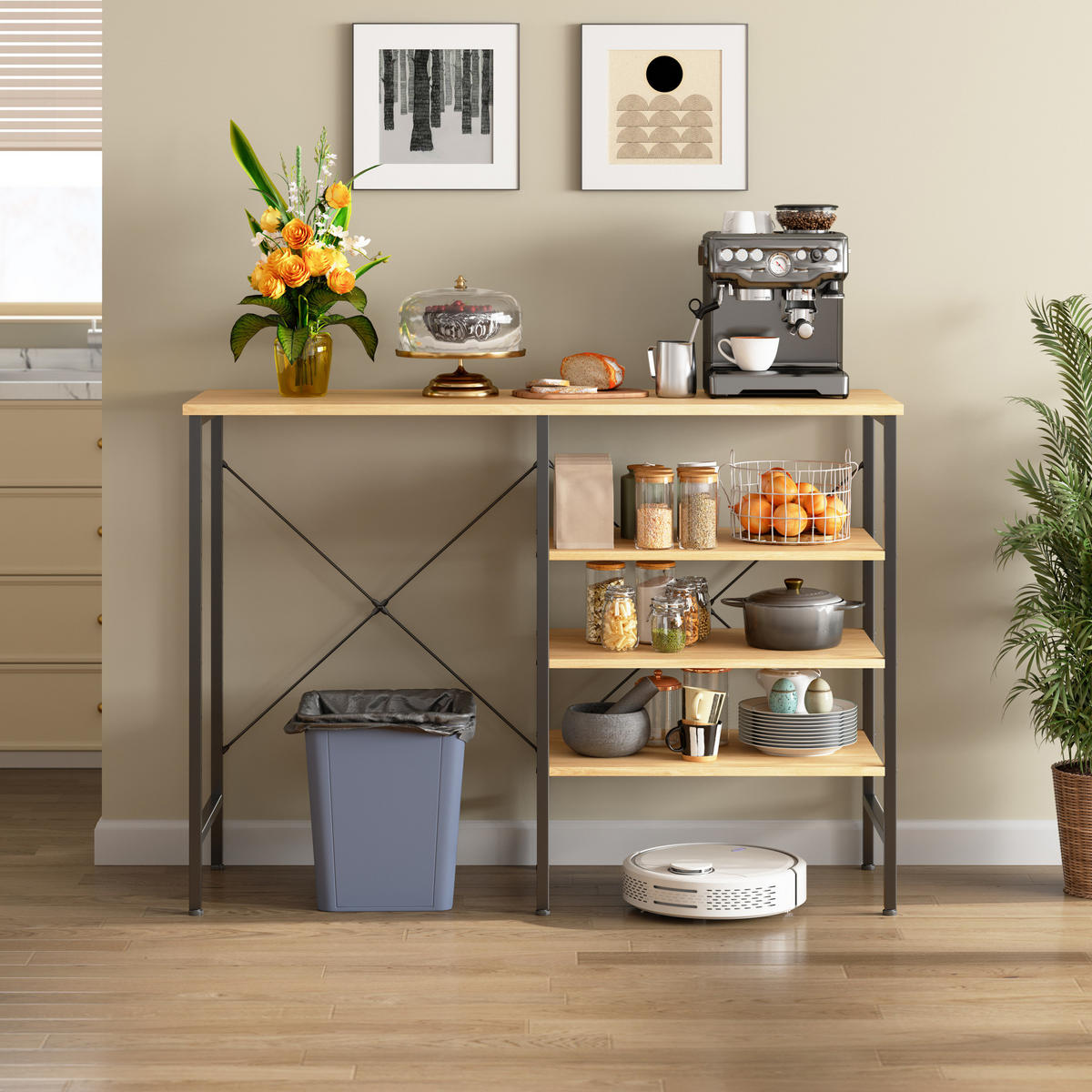 ODKLÁDACÍ stolek z MDF a kovu 120x40x85,5 cm černý a přírodní s variabilní montáží a nastavitelnými nožkami - černá, kompozitní dřevo (40/120/85cm) - Modfu