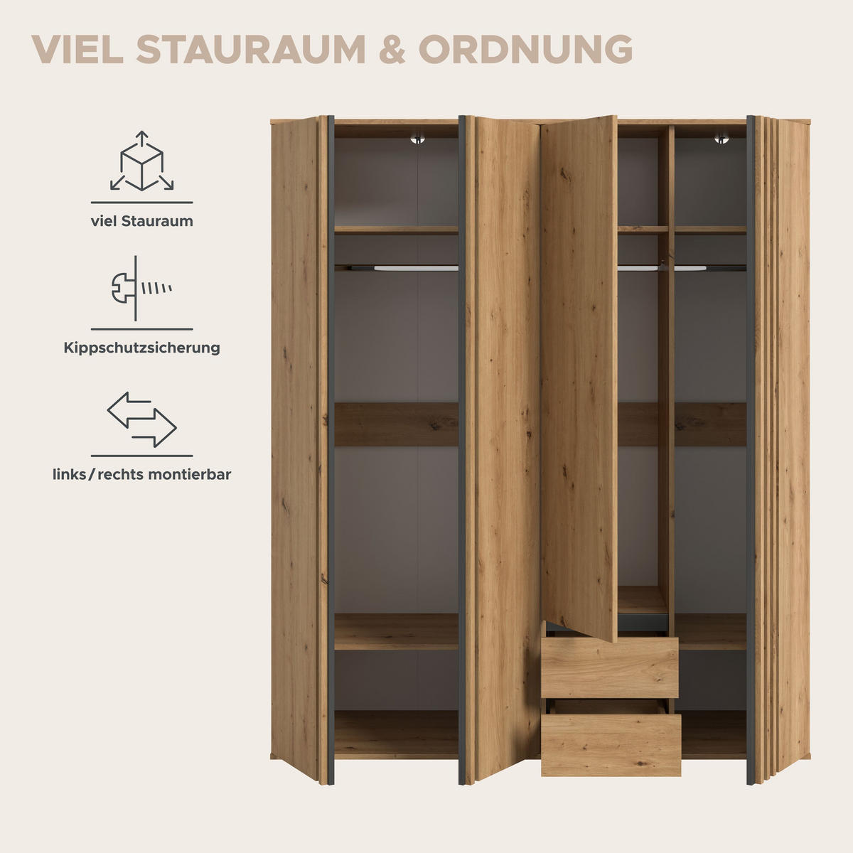 KLEIDERSCHRANKKOMBINATION TOFTA (B/H/T: ca. 160/190/56 cm) in Artisan Eiche Nachbildung/Artisan Eiche Nachbildung - Eiche Artisan, Holzwerkstoff (160/190/56cm)